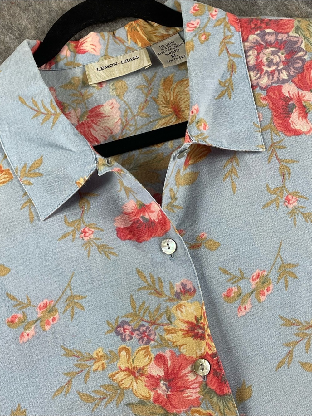 Lemon Grass Linen Blend Floral Button Up Romance Cottagecore Botanical Shirt XL